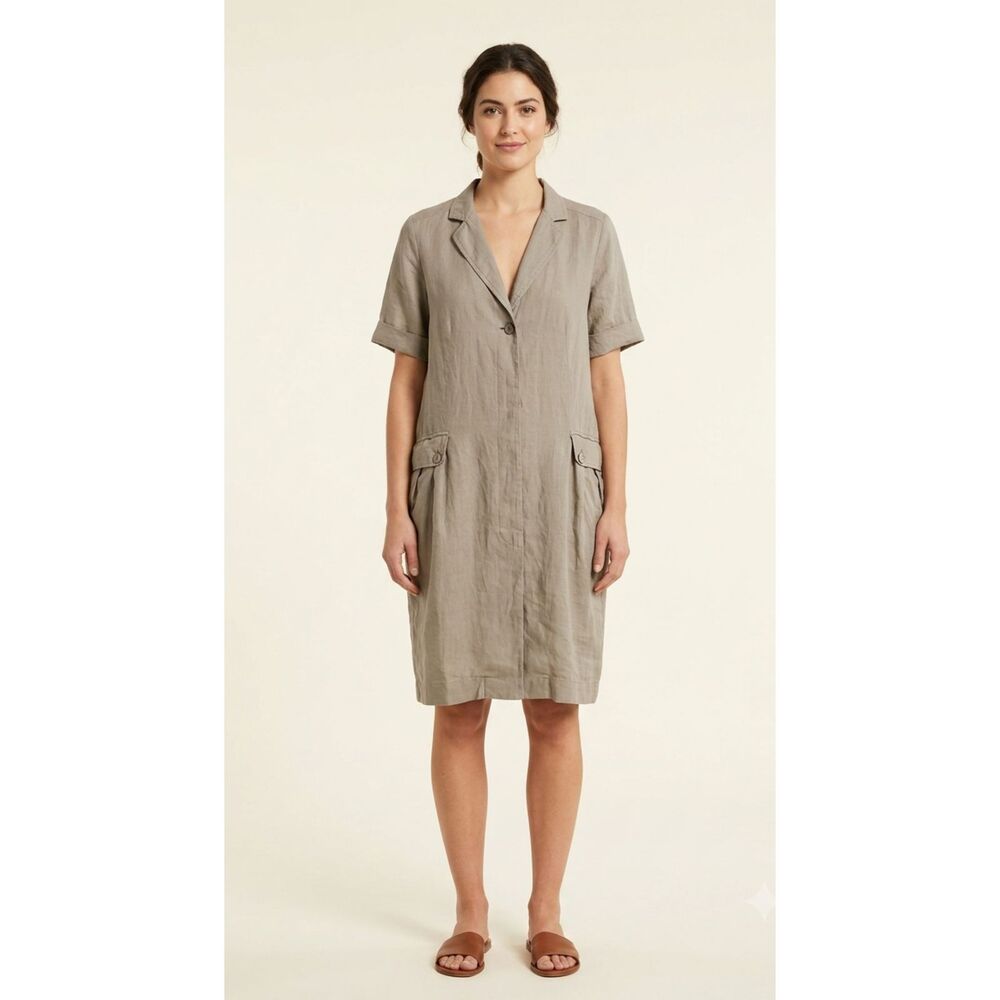 Max Mara Weekend Khaki Linen Slouchy Minimalist Utility Pocket Shirt Dress